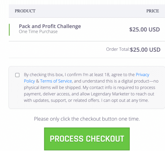 Pack And Profit Challenge Review 2026: Legit Business or Overhyped Scam? 1 Pack Profit Challenge checkout page showing $25 price with no hidden fees